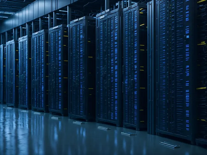 Cold aisle between rows of cooled server cabinets